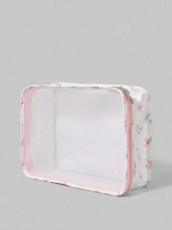 Kawaii Bolsa organizadora de viaje linda con estampado de lazo rosa y gatito estilo kawaii
