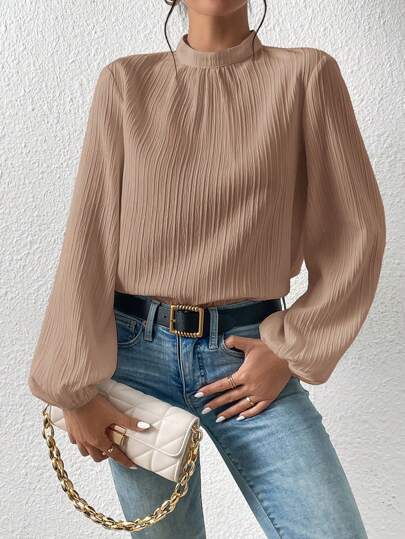 SHEIN Frenchy Mock Neck Grain Fabric Keyhole Back Red Women Dresses Blouse Winter Brown