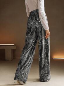 Anewsta New Design Embroidered Sequins Plush Fabric Wide Leg Palazzo Pants For Ladies For Holiday Party Clothes