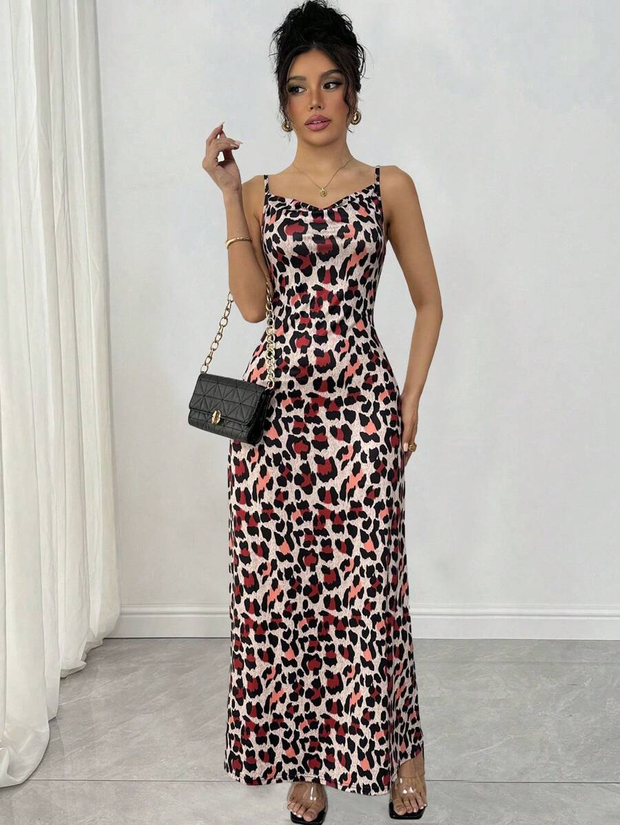 Chiquease 女士低胸豹纹长款优雅吊带裙 - 紅色 - 查看 1