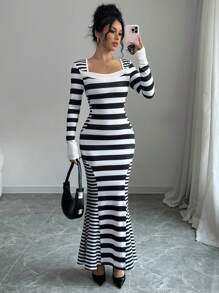 Chiquease 秋季拼色条纹不对称领口长袖鱼尾连衣裙女式长款女装 - 黑與白 - 查看 4