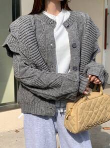 DAZY Women Vintage Niche Cable Knit Patchwork Ruffle Trim Loose Cardigan Sweater For Autumn/Winter,Fall Women Clothes - Grey - View 6