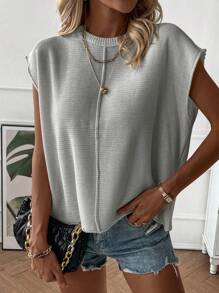 Solid Batwing Sleeve Sweater Vest - Grey - View 6