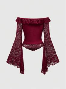 ROMWE Gothic Retro Splice Lace Flare Sleeve Off Shoulder Velvet Blouse For Women - Burgundy - View 2