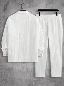 Manfinity VCAY 2 件男士编织印花领长袖休闲开衫衬衫套装，适合秋季 - 白色 - 查看 2