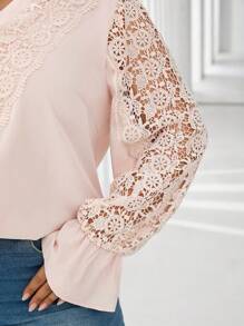 SHEIN Clasi 1 Stück Damen Große Größen Einfarbige Bluse mit Spitzeneinsatz, eleganter Langarm-Look, Herbst/Winter - Khaki - Übersicht 5