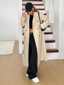 SHEIN EZwear 女士纯色前纽扣长袖仿口袋翻领简约夹克 - 卡其色 - 查看 4