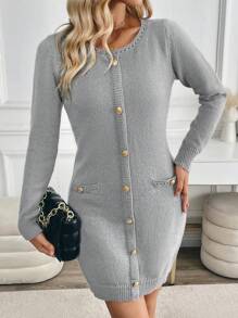 SHEIN Clasi Vestido elegante de manga larga, ajustado, con cuello redondo y abotonado, de un solo color - Gris - Ver 7