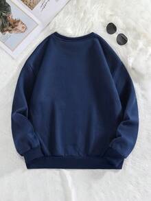 SHEIN Unity Brushed Letter & Bow Print Round Neck Casual Everyday Long Sleeve Sweatshirt - Navy Blue - View 2