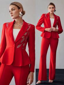 MOTF PREMIUM PEAK COLLAR RHINESTONE DETAIL RUFFLE HEM PARTY BLAZER - Red - View 9