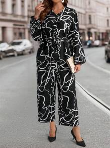 EMERY ROSE Plus Size Front Button Closure Full Print Elegant Jumpsuit,Winter Clothes For Women - Black and White - View 1