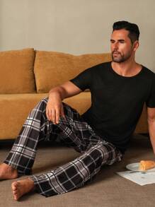 Manfinity Underwear&Sleepwear Basics Men's Plaid Print Drawstring Waist Loose Straight Leg Home Pants