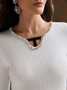 Anewsta 女士蝴蝶结装饰修身串珠毛衣 - 白色 - 查看 5