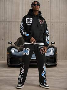 Manfinity VCAY Men's Loose Print English Letter Pattern Long Sleeve Knit Sweatshirt Set, For Fall Winter - Black - View 1