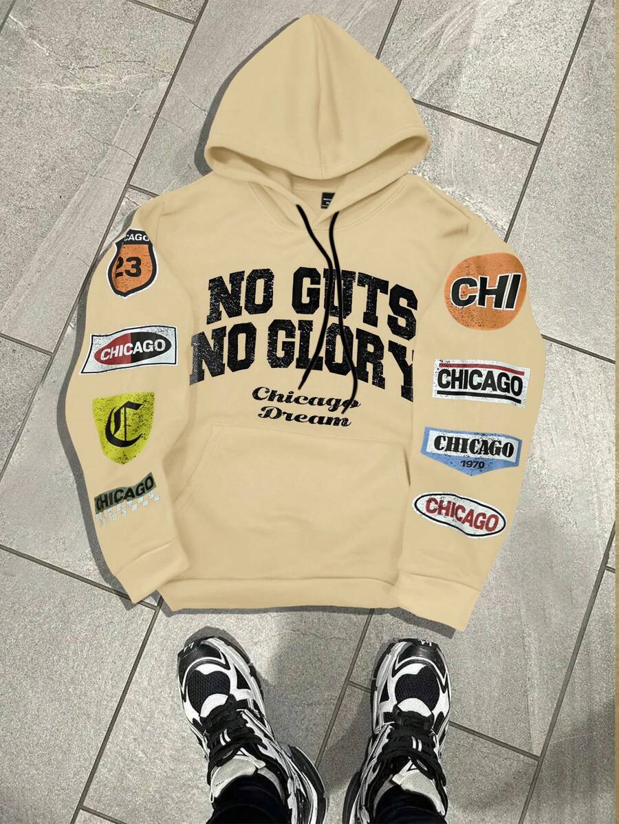 Manfinity EMRG Sudadera con capucha de manga larga con cordón, con estampado de letras informal, para hombre de talla grande, otoño - Albaricoque - Ver 1