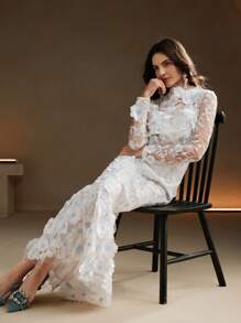 Anewsta Đầm Maxi Tay Dài Thanh Lịch Thêu Hoa Lưới Tương Phản Cho Nữ Trang Phục Nữ - trắng - Xem 1