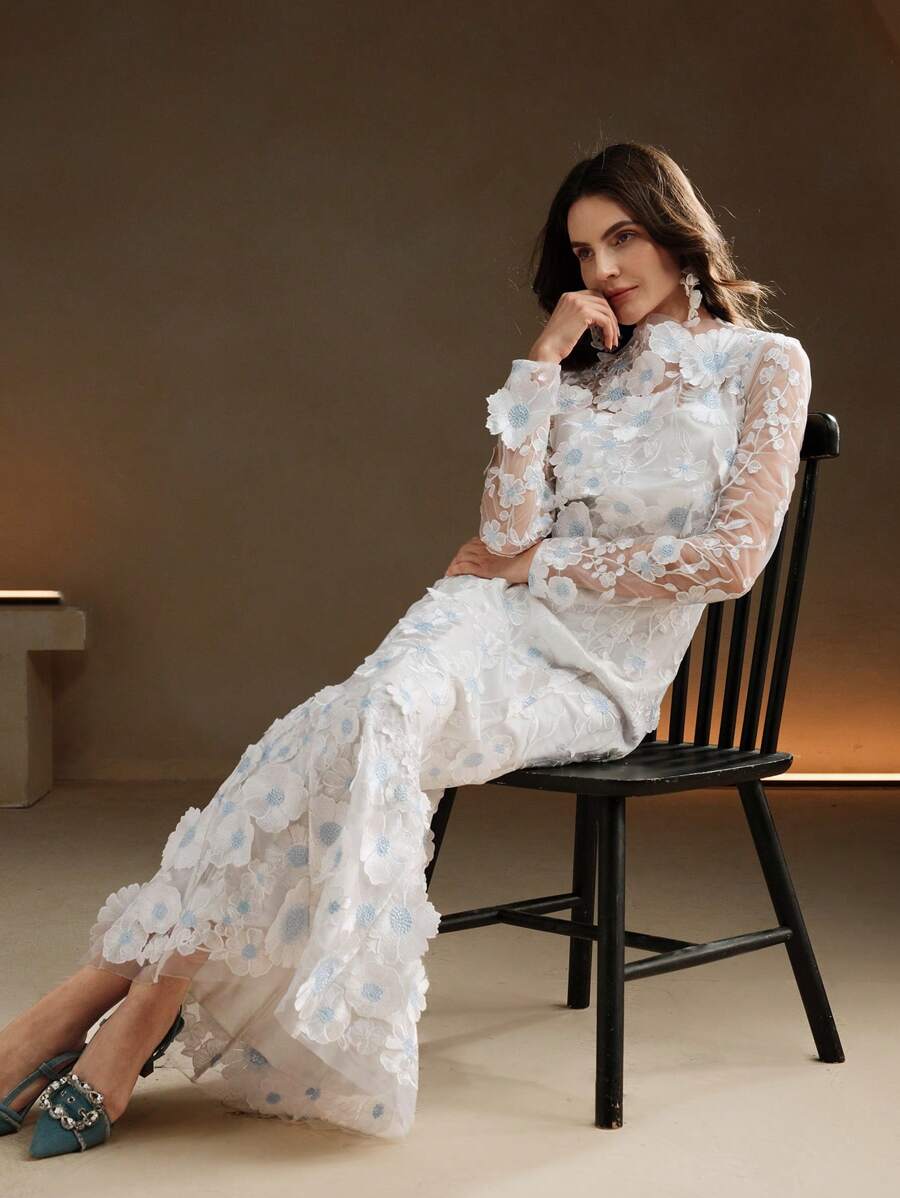 Anewsta Đầm Maxi Tay Dài Thanh Lịch Thêu Hoa Lưới Tương Phản Cho Nữ Trang Phục Nữ - trắng - Xem 1