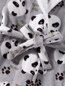 大码女式圣诞快乐卡通熊猫印花双面毛绒睡袍，舒适长袖连帽长袍睡衣 - 彩色 - 查看 5