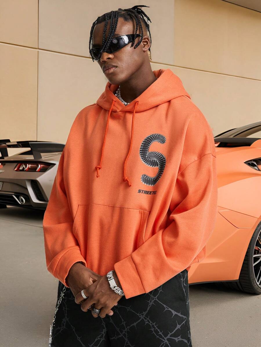 Manfinity NXTstreet Áo hoodie dệt kim dài tay in chữ tiếng Anh rộng rãi cho nam, dành cho mùa thu đông - trái cam - Xem 1