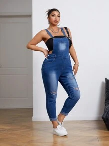 SHEIN LUNE Plus Ripped Roll Up Hem Denim Overalls Without Tank Top