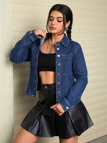 SHEIN EZwear Women's Casual Patch Pocket Single Breasted Denim Shirt