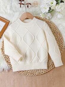 1 件女童休闲圆领毛衣，简约街头风格，适合居家、外出、派对、返校、春季、夏季、秋季 - 米色 - 查看 1