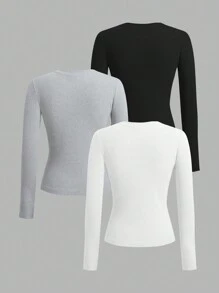 SHEIN Girlism 3 件套 Tween 女童圆领休闲修身长袖 T 恤