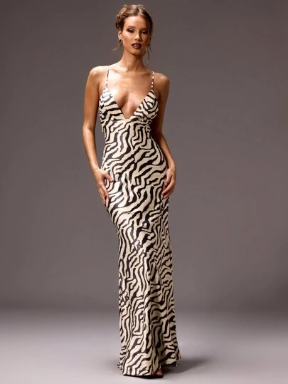 SHEIN X Scheana MUSERA Zebra Striped Print Backless Sexy Maxi Dress Spring Summer Vacation Wedding Guest Occasion Birthday Elegant Cute Sexy Vacation Holiday Beach Ibiza Fall Night Out Wedding Guest Elegant Halloween Fall Chic Summer Outfit