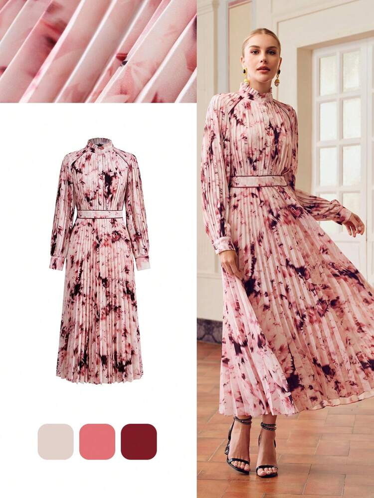 ZEYLAH ALLOVER PRINT FRILL MOCK NECK PLEATED DRESS WITHOUT BELT