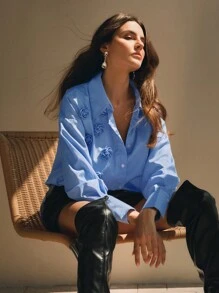 Anewsta 女士优雅条纹 3D 花卉装饰宽松衬衫、长袖上衣