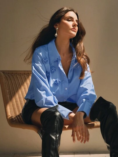 Anewsta 女士优雅条纹 3D 花卉装饰宽松衬衫、长袖上衣