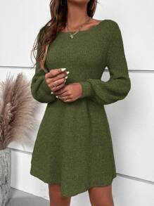 SHEIN Clasi Vestido de punto con mangas farol de cuello redondo y unicolor, para mujer, para otoño/invierno