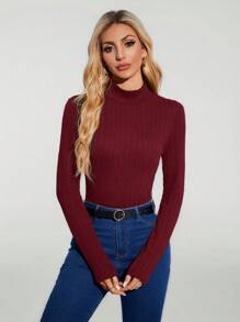 SHEIN Tall Women's Solid Color Stand Collar Long Sleeve Simple T-Shirt Daily Leisure - Burgundy - View 5