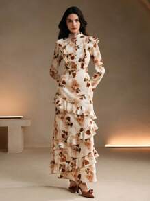 Anewsta 女式不对称收腰花卉长裙，秋季长款女装 - 粉色 - 查看 3