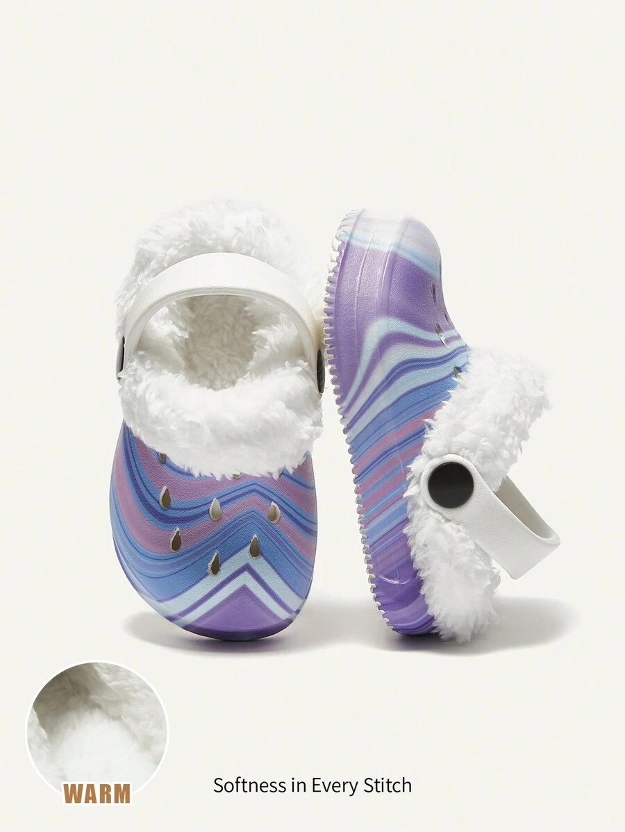 Cozy Pixies 1 双可爱有趣的卡通紫色纹理图案儿童花园拖鞋，秋冬季幼儿保暖室内家居鞋 - 紫色 - 查看 1