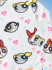 THE POWERPUFF GIRLS X SHEIN Ensemble de pyjama mignon pour bébé fille comprenant un t-shirt à manches longues blanc avec imprimé cœur de dessin animé et un pantalon, confortable et décontracté - Blanc - Voir 3