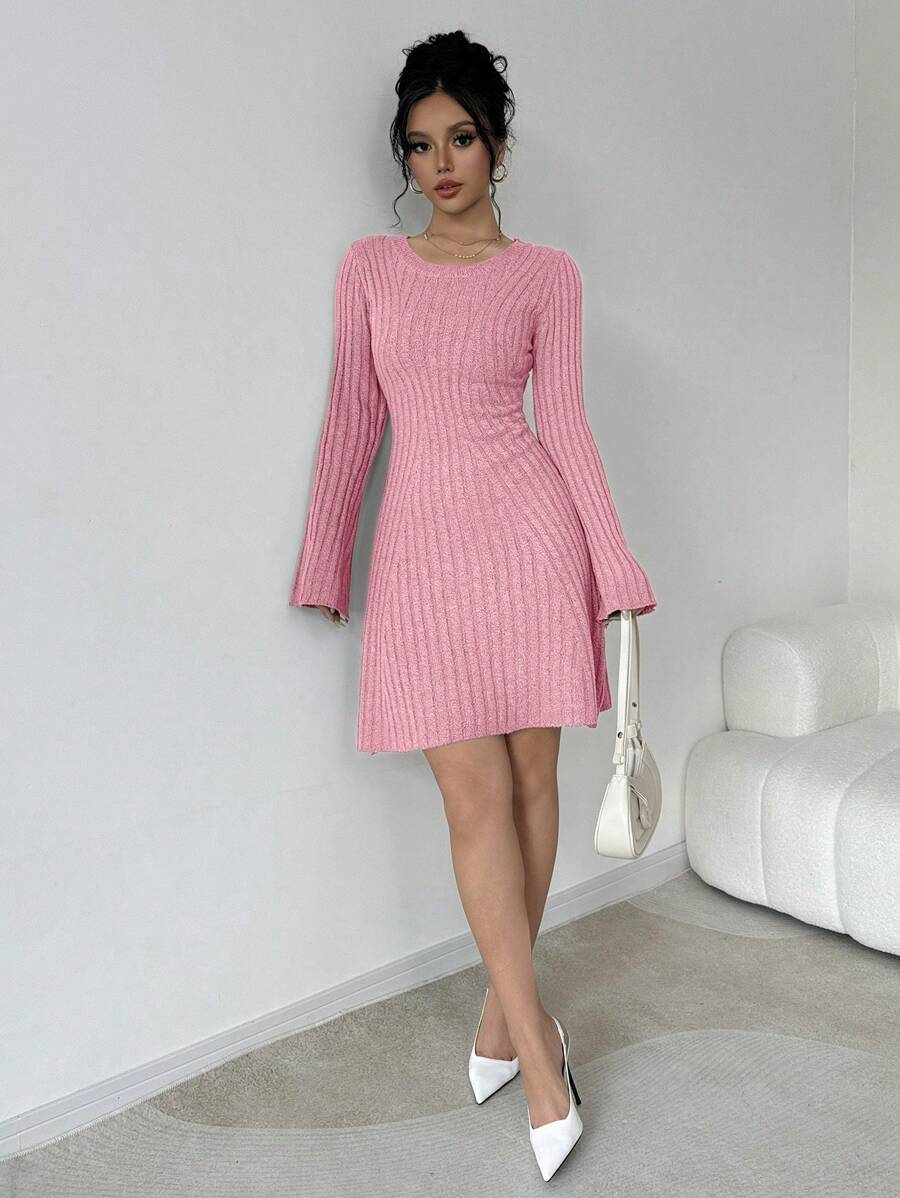 Elenzga Women Solid Color Round Neck Long Sleeve Simple Casual Short Knit Sweater Dress - Pink - View 1