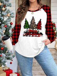 SHEIN LUNE Casual Simple Loose Red Plaid Christmas Tree Print Round Neck Long Sleeve T-Shirt For Plus Size, Suitable For Autumn/Winter - Multicolor - View 5