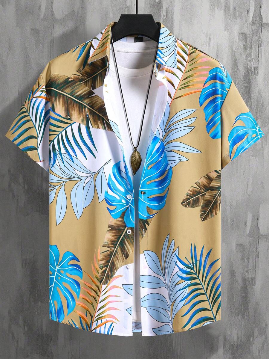 Manfinity RSRT 男士夏季休闲度假热带印花前扣短袖衬衫 - 彩色 - 查看 1
