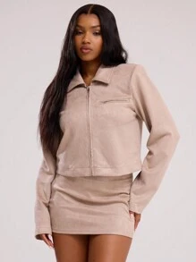 MUSERA Zip Front Wide Sleeve Cropped Faux Suede Jacket - Khaki - View 1