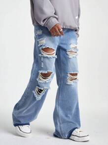 PAVTROS Quần Harem ống rộng rộng rãi màu xanh xám denim giặt dành cho nam - Màu xanh bụi bặm - Xem 1