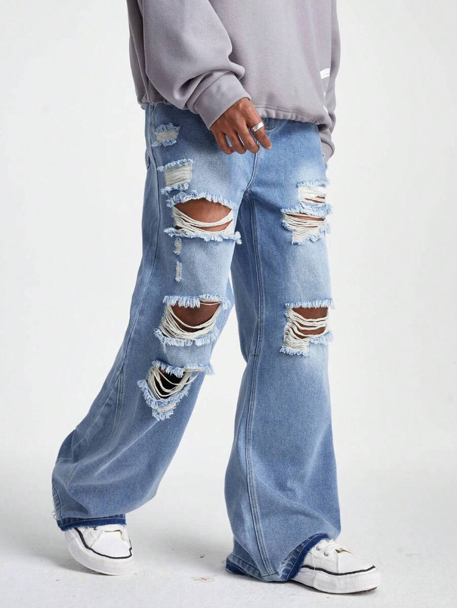 PAVTROS Quần Harem ống rộng rộng rãi màu xanh xám denim giặt dành cho nam - Màu xanh bụi bặm - Xem 1