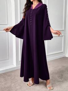 Al Najma Vestido de manga larga holgado y modesto con botones decorativos de color contrastante para mujer en otoño - Morado - Ver 5