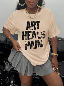 INAWLY 女士休闲宽松落肩短袖口号印花 T 恤，夏季图案 T 恤女式上衣 - 杏色 - 查看 4