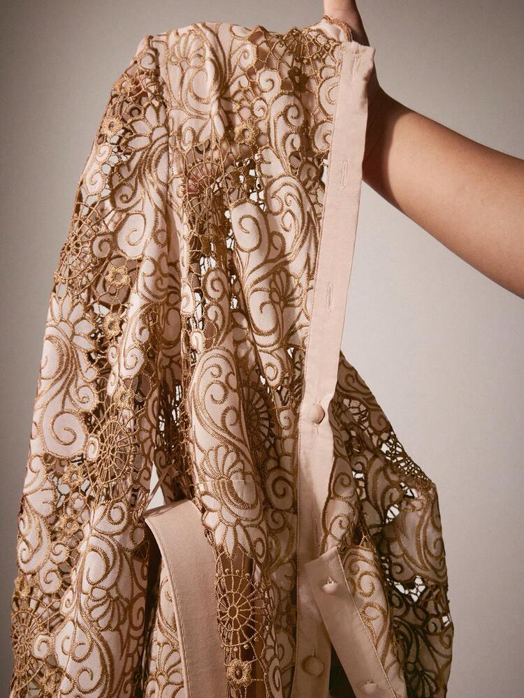 Women's Autumn Fashion Midi Dress With Embroidery & Hollow Design