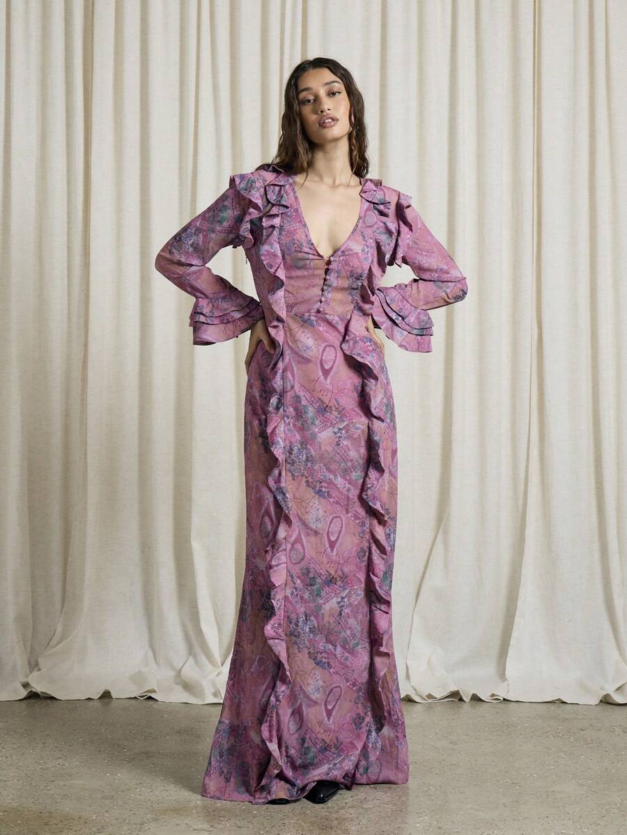 AiiRZ Boho Paisley Print V-Neck Ruffle Detail Long Bell Sleeve Maxi Dress - Multicolor - View 1