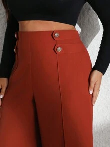Flirla Pantalones de pierna ancha de oficina elegantes de doble botonadura de unicolor talla grande - Óxido marrón - Ver 5