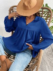 SHEIN VCAY 1pc Women V-Neck Ruffled Front Placket Solid Color Shirt, Blouse