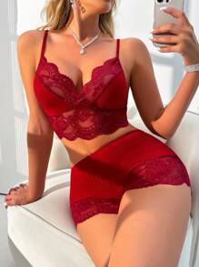 Seduluxe Women Simple Style Lace Patchwork Casual Lingerie Set - Burgundy - View 3