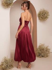 L'Amorae Robe bandeau élégante plissée de couleur unie pour femme, modèle d'été - Rouge - Voir 5